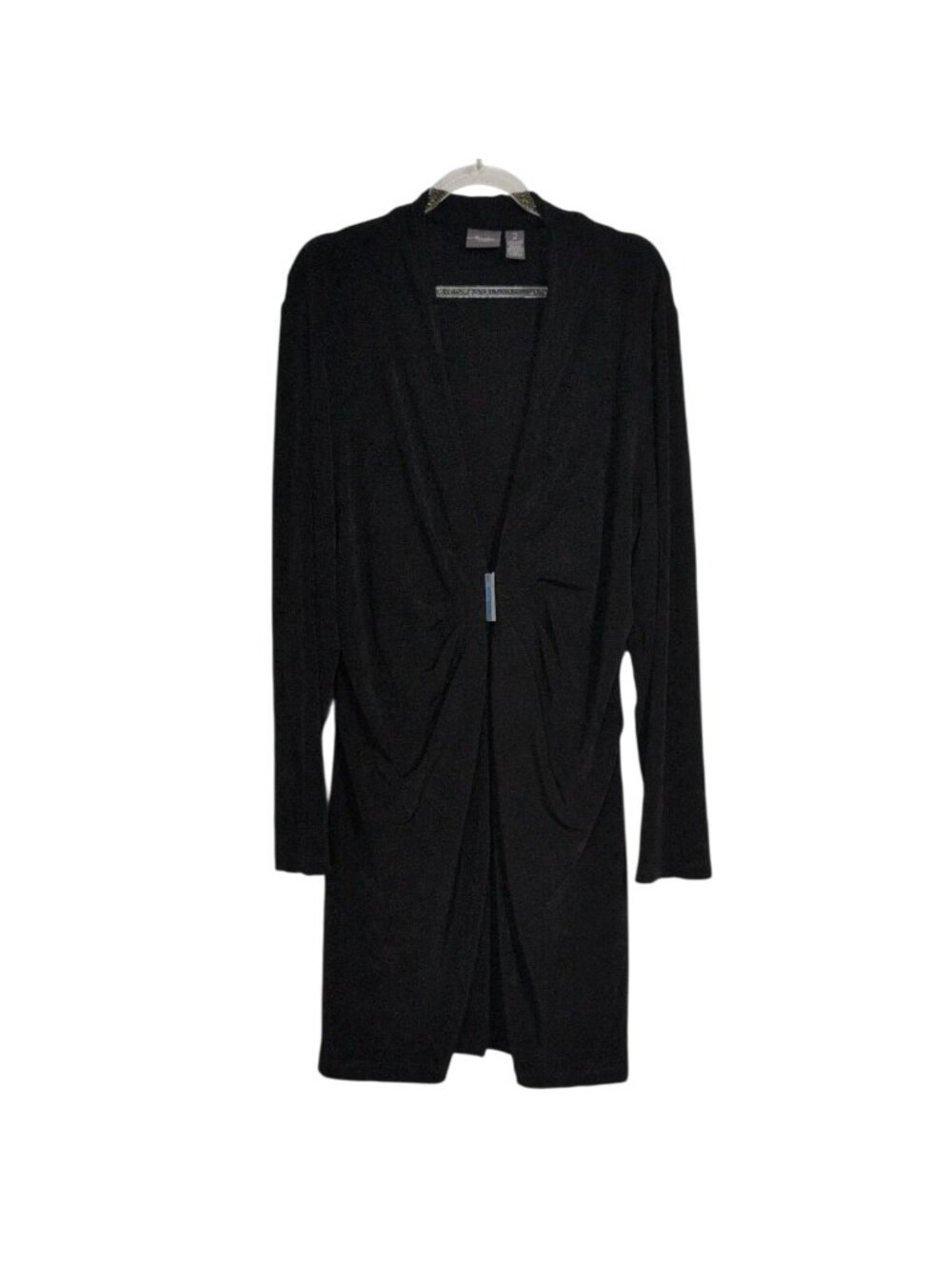 Chicos Travelers 2 Ruched Cardigan Womens Size Large Black V Neck Stretch Classi
